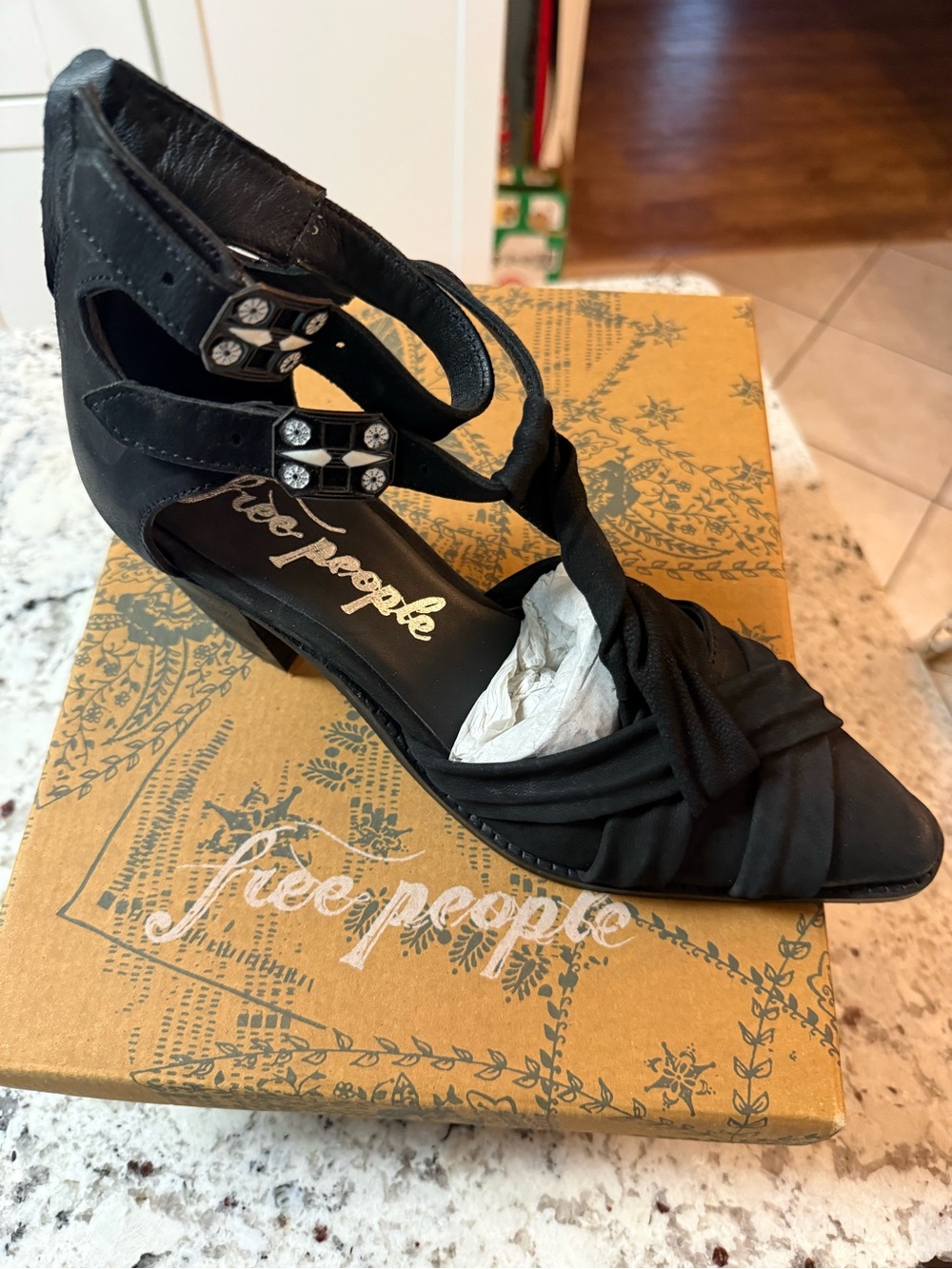 Free People Black Knotted T-Strap Heels